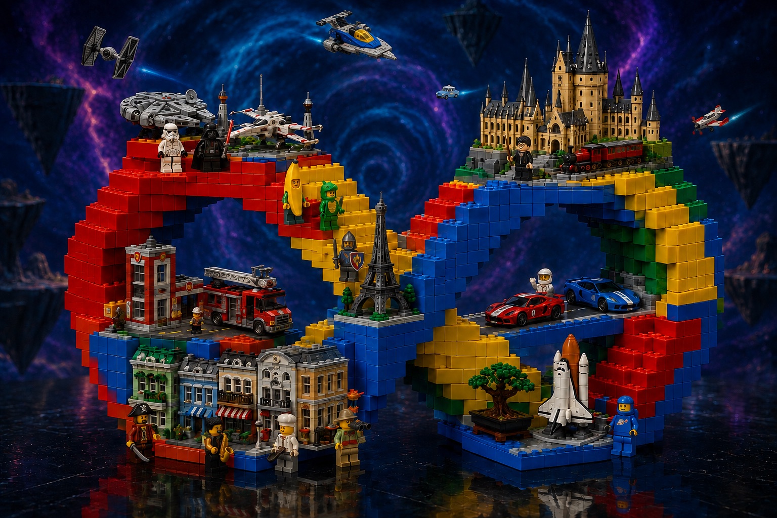 Kolorowa budowla LEGO w kształcie nieskończoności, z minifigurkami i światami Star Wars, Harry Potter oraz City na kosmicznym tle.